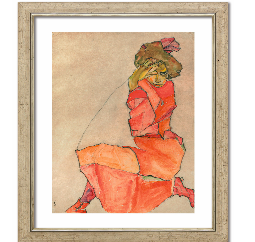 Agenouillée en robe rouge-orange - Egon Schiele (1910)